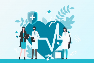Ilustrație decorativă cu o echipă de trei medici în jurul unei inimi cu electrocardiogramă, temă medicală pentru programul de studiu la Rezidențiat.
