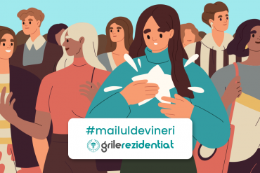 Ilustrație cu o mulțime de oameni diverși zâmbind, sub eticheta #mailuldevineri și logo Grile-Rezidentiat.ro.