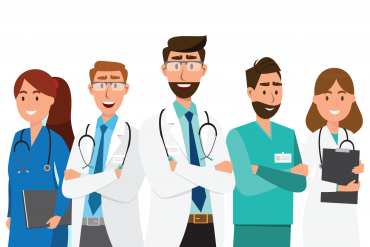 Ilustrație cu cinci medici zâmbitori în halate și uniforme, cu stetoscoape și clipboard, pentru articolul despre cele mai dorite specialități la Rezidențiat 2021.