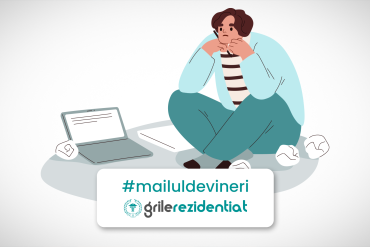 Bărbat anxios așezat pe podea lângă un laptop și hârtii mototolite, cu eticheta #mailuldevineri și logo Grile-Rezidentiat.