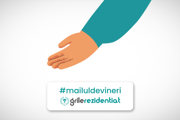 Ilustrație cu un braț întins într-un gest de salut prietenesc, sub care apar hashtagul #mailuldevineri și logoul Grile-Rezidentiat.ro.