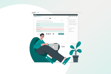 Ilustrație cu un tânăr așezat relaxat într-un fotoliu, lucrând la laptop pe platforma Grile-Rezidentiat.ro, cu interfața de rezolvare a grilelor afișată pe ecran.