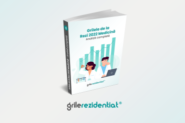 Coperta e-book-ului «Grilele de la Rezi 2022 Medicină – Analiză completă» de la Grile Rezidențiat, cu doi medici și grafic cu bare pe fundal.
