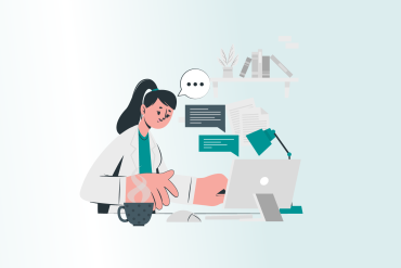 Ilustrație decorativă cu o tânără medic în halat alb gândindu-se la birou, lângă laptop, cărți și cafea, pe tema învățatului pentru Rezidențiat.