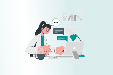 Ilustrație decorativă cu o tânără medic în halat alb, obosită la birou cu laptop, cărți și cafea, sugerând pregătirea intensă pentru examenul de Rezidențiat.