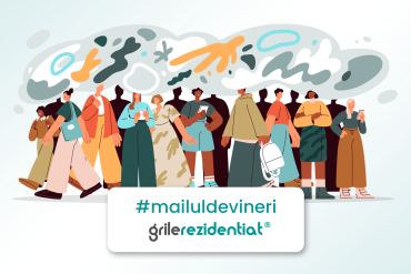 Material promo cu un grup divers de oameni mergând sub un nor de gânduri colorat, cu hashtagul #mailuldevineri și logoul Grile-Rezidentiat.