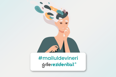 Ilustrație Grile-Rezidentiat.ro din seria #mailuldevineri: o femeie îngrijorată din al cărei cap se revarsă fragmente colorate, simbol al suprasolicitării mentale.