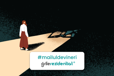 Ilustrație cu o femeie care pășește pe o cărare luminoasă spre o carte deschisă, pe fundal întunecat, sub eticheta #mailuldevineri Grile-Rezidentiat.ro.