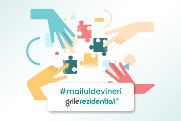 Grafic promoțional cu mâini care îmbină piese de puzzle și mesajul #mailuldevineri, alături de brandul Grile-Rezidentiat.ro.