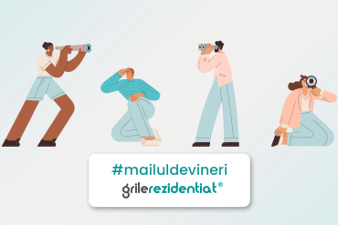 Patru personaje privind prin lunete, binocluri și aparat foto sub eticheta #mailuldevineri și logo Grile-Rezidentiat.ro.