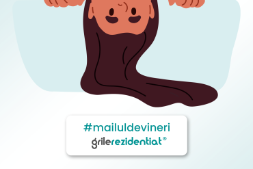 Grafic de newsletter cu un personaj relaxat răsturnat și eticheta #mailuldevineri alături de logoul Grile-Rezidentiat.ro.