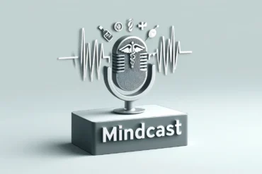 Logo podcast Mindcast cu microfon și simbol medical caduceu, despre culisele succesului la examenul de Rezidențiat